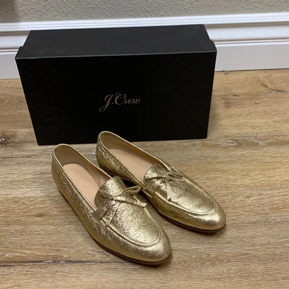 Crew Shoes Jcrew Academy Loafers In Metallic Leather Size